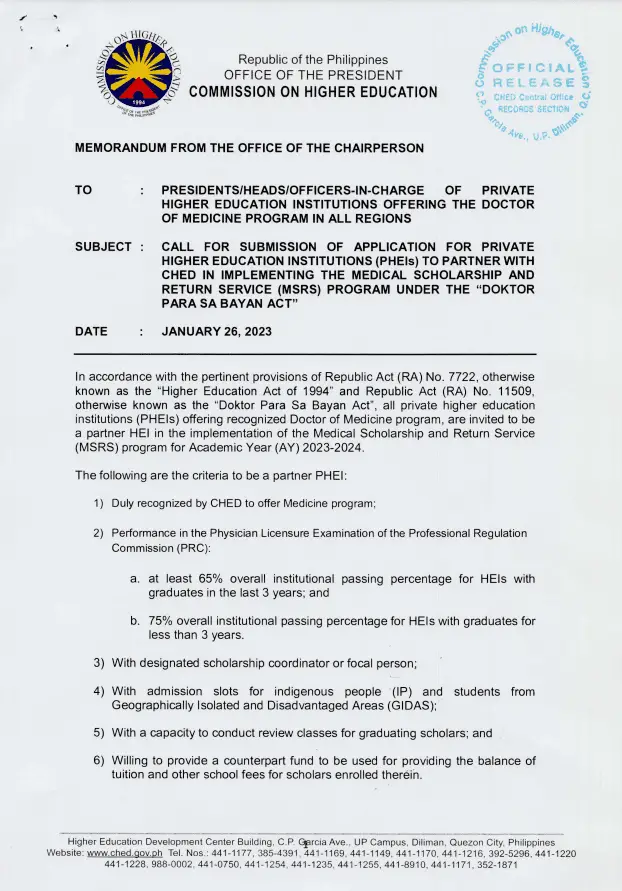 CHED Medical Scholarship 2023 Official Memorandum Page-1