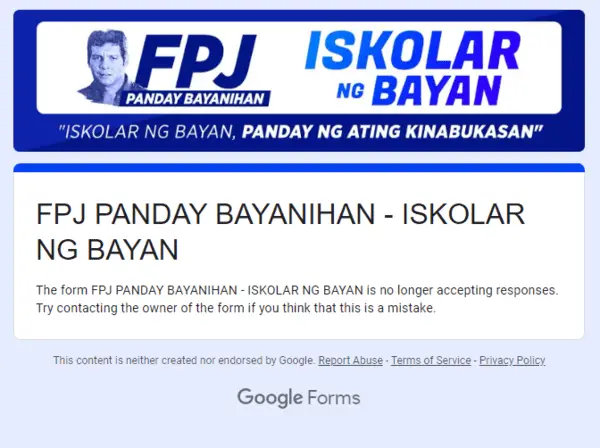 FPJ Panday Bayanihan Scholarship - Iskolar Ng Bayan Application