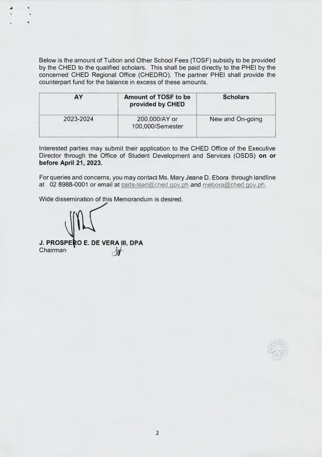 CHED Medical Scholarship 2023 Official Memorandum Page-2